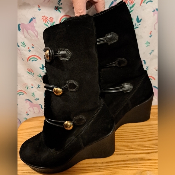 NWOT Coach Gena Black Suede & Shearling Button Up Casual Wedge Boot Shoe SZ 6M - Picture 3 of 10